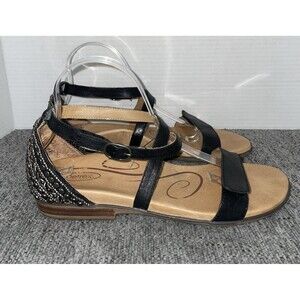 Aetrex Sandals Women's 10 Black Leather Studded Beaded Ankle Strap Comfort